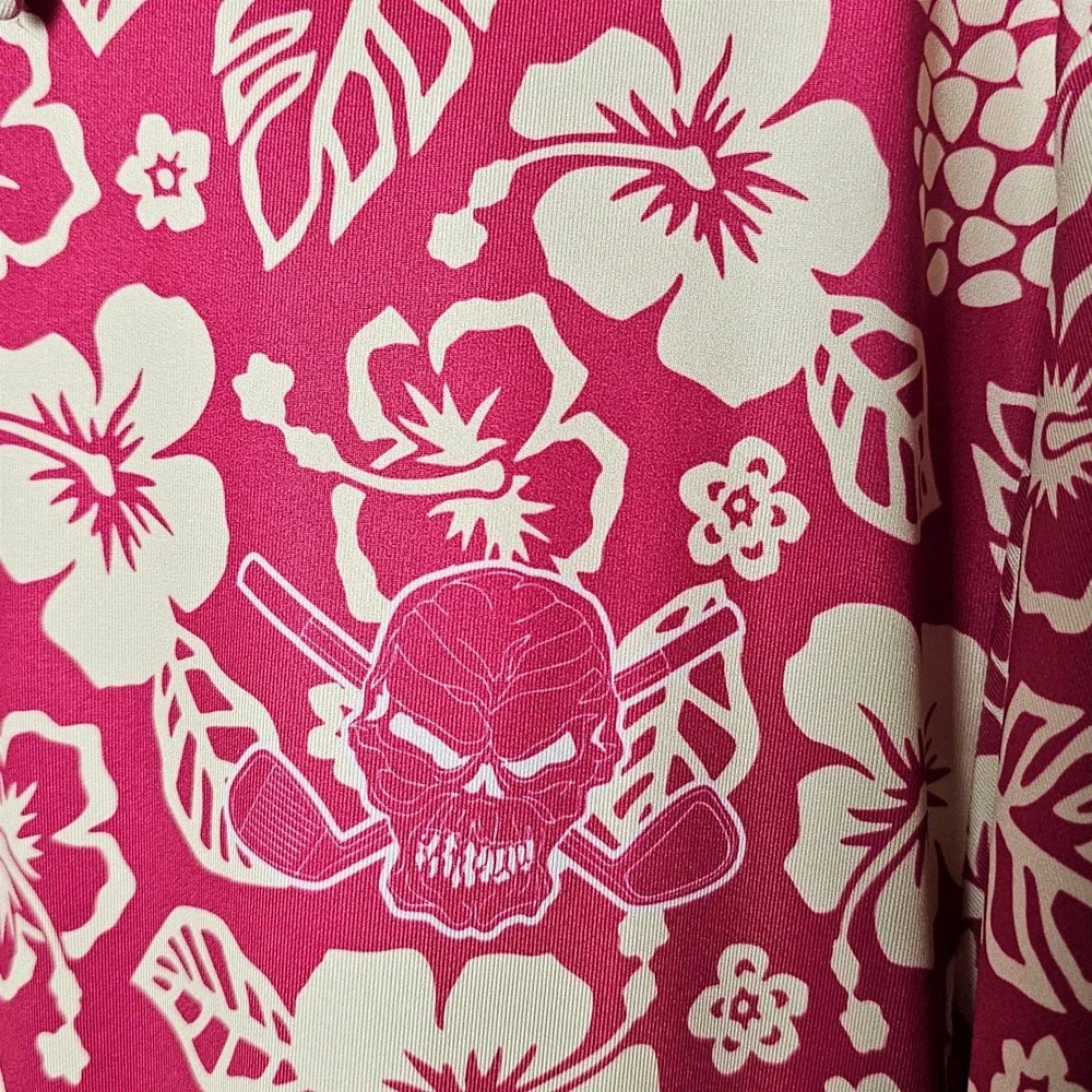 Tattoo Golf Performance Aloha Collection Pink Tropical Skull Polo Shirt Mens M